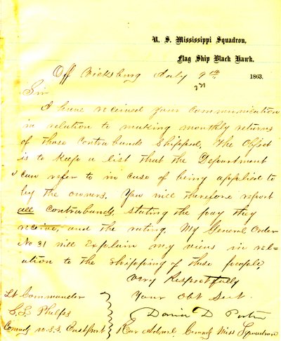 Carta de David D. Porter, U. S. Black Hawk, de Vicksburg, para Seth Ledyard Phelps, comandando o U. S. Eastport, 9 de julho de 1863 de David D. Porter