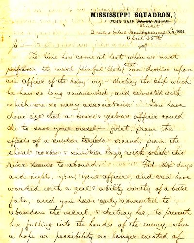 Carta de David D. Porter, U. S. S. Cricket, 2 milhas abaixo de Montgomery, Louisiana, para [Seth Ledyard] Phelps, comandando U. S. Eastport, 2 milhas abaixo de Montgomery, Louisiana, 25 de abril de 1864 de David D. Porter