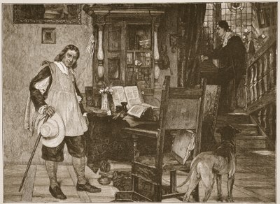O Sr. Oliver Cromwell visita o Sr. John Milton, ilustração de "A Igreja da Inglaterra: Uma História para o Povo" da HDM Spence-Jones, pub. c.1910 (foto sépia) de David Dalhoff Neal