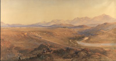 Um trem a vapor na ferrovia otomana, 1859 (wc & lápis aumentados com bodycolour) de David Hall McKewan