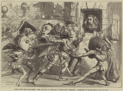 Cena, de, a, pantomima, a, dragão, de, Wantley, Drury-Lane, teatro, exterior, de, corredor moore de David Henry Friston
