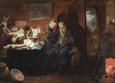 Um interior com um alquimista, uma mulher e uma criança (uma vanitas) (óleo sobre tela) de David III Ryckaert