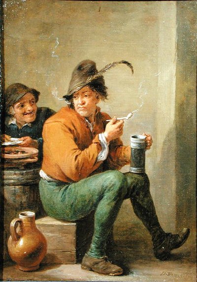 Um camponês segurando um jarro de grés e um tubo de barro (óleo sobre painel) de David III Teniers