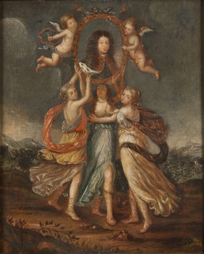 Três figuras alegóricas que exibem o retrato de Carlos XI da Suécia de David Klöcker Ehrenstrahl