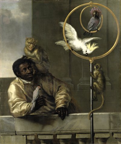 Homem negro com papagaios e macacos, 1670 de David Klöcker Ehrenstrahl