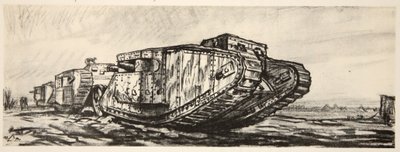 Uma linha de tanques, ilustração de "The Western Front", pub. por Country Life Ltd de David Muirhead Bone