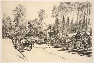 Um ponto de reabastecimento, ilustração de "The Western Front", pub. por Country Life Ltd de David Muirhead Bone