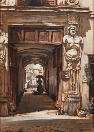 Um Palácio Antigo, Roma (aguarela e cor-de-rosa) de David Muirhead Bone