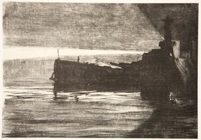 Aproximação nocturna de um navio de guerra, ilustração de "The Western Front", pub. por Country Life Ltd de David Muirhead Bone
