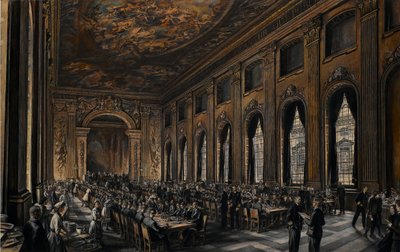 Oficiais a jantar no salão pintado (no Royal Hospital em Greenwich, Inglaterra, para reformados da Marinha) durante a Segunda Guerra Mundial (1939-1945) de David Muirhead Bone