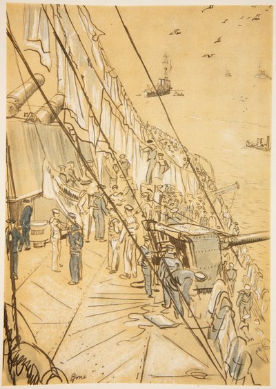 Num navio de guerra: cobertores de ar, ilustração de "The Western Front", pub. por Country Life Ltd de David Muirhead Bone