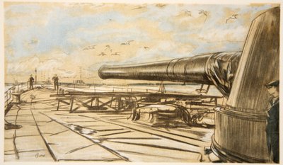Num navio de guerra: torre de canhão, ilustração de "The Western Front", pub. por Country Life Ltd de David Muirhead Bone