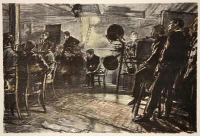O cinema num navio de guerra, ilustração de "The Western Front", pub. por Country Life Ltd de David Muirhead Bone