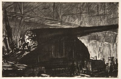 O turno da noite a trabalhar num canhão grande, ilustração de "The Western Front", pub. por Country Life Ltd de David Muirhead Bone