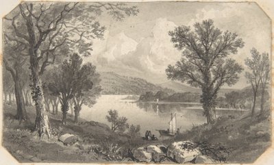 Vista de um lago ou rio com um veleiro de David Octavius Hill