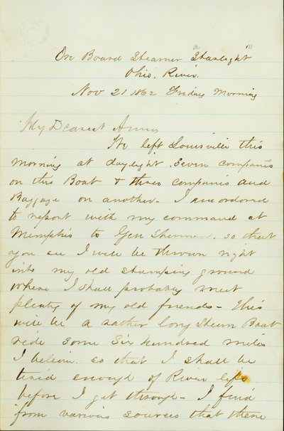 Carta de D. P. Grier, a bordo do Steamer Starlight, Rio Ohio, para Anna McKinney, 21 de Novembro de 1862 de David Perkins Grier