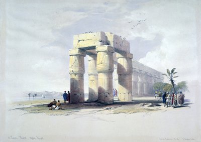Em Luxor, Tebas, Alto Egito": litografia após aguarela de David Roberts (1796-1864), artista escocês. Egito Antigo Arqueologia de David Roberts