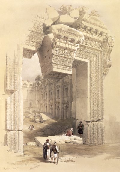 Baalbec, 7 de maio de 1839, placa 81 do Volume II da "Terra Santa", gravada por Louis Haghe (1806-85) pub. 1843 de David Roberts