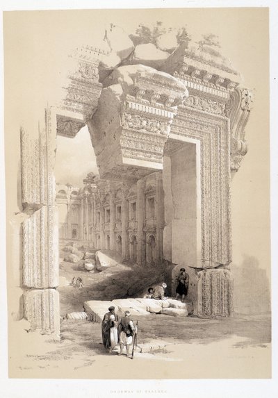Baalbek Gate no Líbano, desenho feito em 07/05/1839 em "The Holy Land", Londres 1849 de David Roberts