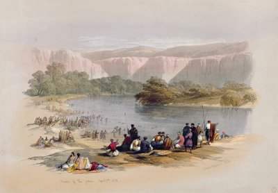 Bancos do Jordão, 2 de abril de 1839, placa 48 do Volume II da "Terra Santa", gravada por Louis Haghe (1806-85) pub. 1843 de David Roberts