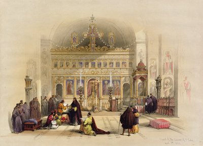 Capela do Convento de Santa Saba, 5 de abril de 1839, do volume II, publicada em Londres, The Holy Land; gravado por Louis Haghe (1806-85) 1842 Land, &39;1842 (lito colorido) de David Roberts