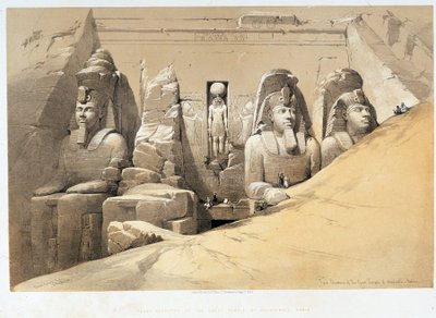 Elevação frontal do grande templo de Aboo Simbel (Aboosimbel, Abu ou Abu Simbel), Núbia (Nubia) em "The Holy Land", Londres 1849 de David Roberts