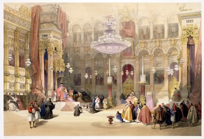 Igreja grega do Santo Sepulcro, Jerusalém, 11 de abril de 1839, prato 4 do Volume I de &39;Terra Santa&39;, gravado pelo bar de Louis Haghe (1806-85). 1842 de David Roberts
