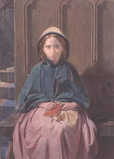 Retrato de uma menina lendo em um banco de igreja de David Roberts