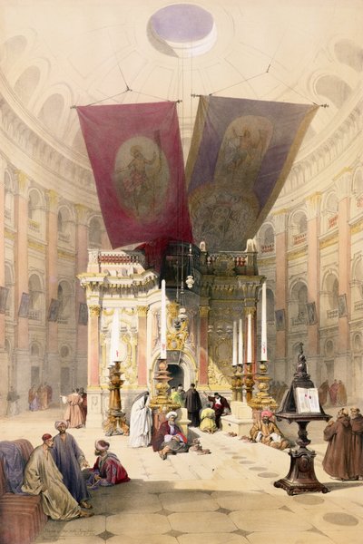 Santuário do Santo Sepulcro, 10 de abril de 1839, prato 14 do Volume I da Terra Santa, gravado por Louis Haghe (1806-85) pub. 1842 de David Roberts