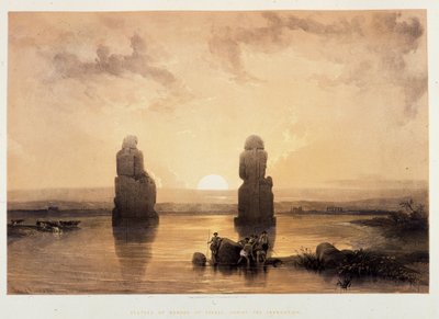 Estátuas de Memnon (Colosses of Memnon) em Thebes, durante a Inundação - em "The Holy Land", Londres 1849 de David Roberts