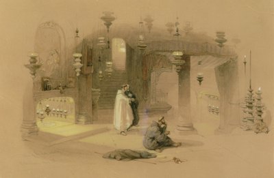 O Santuário da Santa Natividade, Belém, 1839 (wc sobre lápis, aumentado com guache e goma arábica em papel amarelo) de David Roberts
