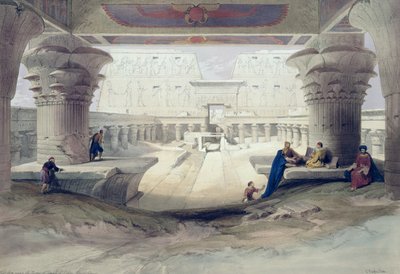 Vista sob o pórtico do templo de Edfou, Egipto superior, chapeia 32 do volume mim de Egipto e de Nubia, gravados pelo bar de Louis Haghe (1806-85). 1846 de David Roberts