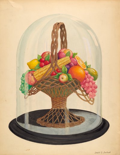 Ornamento, fruta de cera sob globo de vidro de David S. De Vault