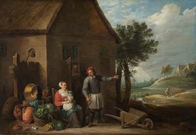 Marido na porta de uma casa de campo com uma mulher e uma criança sentadas de David Teniers (II)