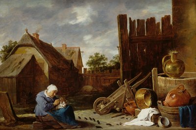 Um gato tendido por uma mulher velha de David Teniers the Younger