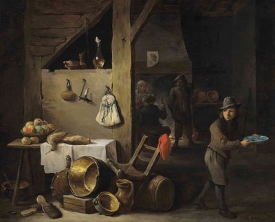 Interior de uma cozinha com um rapaz e três figuras a beber e a fumar de David Teniers the Younger