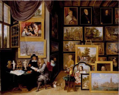 Uma galeria de imagens com dois homens a examinar uma foca e um desenho a giz vermelho, e um macaco presente de David Teniers the Younger