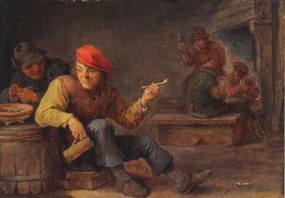Boors bebendo e fumando numa estalagem de David Teniers the Younger