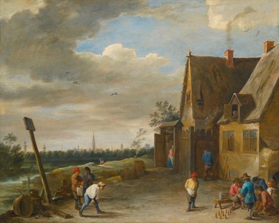 Jogo dos nove pinos com vista para Antuérpia de David Teniers the Younger