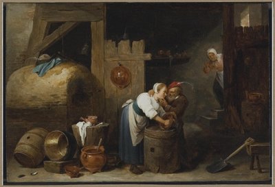 Interior com uma jovem a esfregar panelas enquanto um velho a incomoda de David Teniers the Younger
