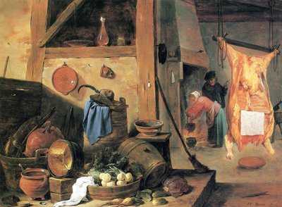 Interior da cozinha com natureza-morta e boi abatido de David Teniers the Younger
