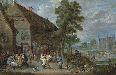 Camponeses a dançar à porta de uma estalagem em Perck, com o Kasteel de Drij Toren mais além de David Teniers the Younger
