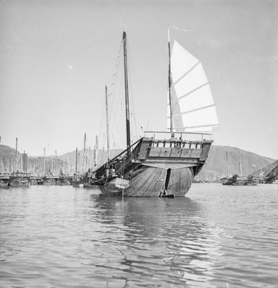 Vista a bombordo do navio de pesca de Hong Kong, tipo fisher d.w. 2473HA, ancorado em Hong Kong de David Watkin Waters