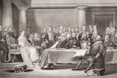 Primeiro Conselho da Rainha Vitória, Palácio de Kensington, 21 de junho de 1837, de "Ilustrações da História Escocesa e Inglesa", Volume II de David Wilkie