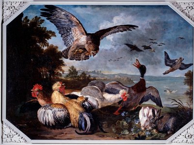 Aves assustadas por uma águia (óleo sobre tela de David de Koninck