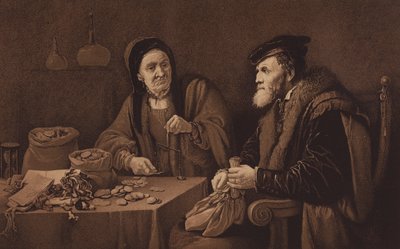 Os Misers, a partir do quadro da National Gallery, Londres (litografia) de David the Younger (after) Teniers