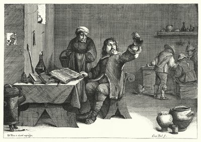 O médico da urina (gravura) de David the Younger (after) Teniers