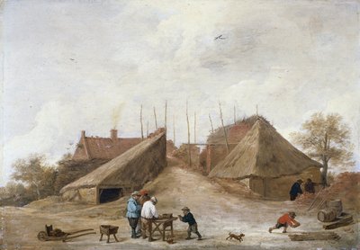 Um quintal de fazenda com figuras em volta de uma mesa de David Teniers the Younger