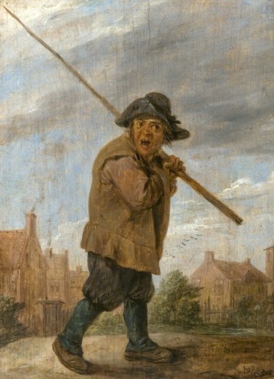 Um camponês carregando um poste de David Teniers the Younger