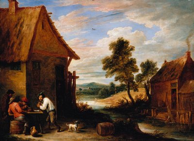 Uma paisagem do rio com camponeses fora de uma taberna de David Teniers the Younger